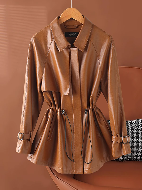 Women's Mid-Length Sheepskin Leather Jacket Coat Slim Fit High-End Feel Zipper Closure Long Sleeve Fashion Spring New Style