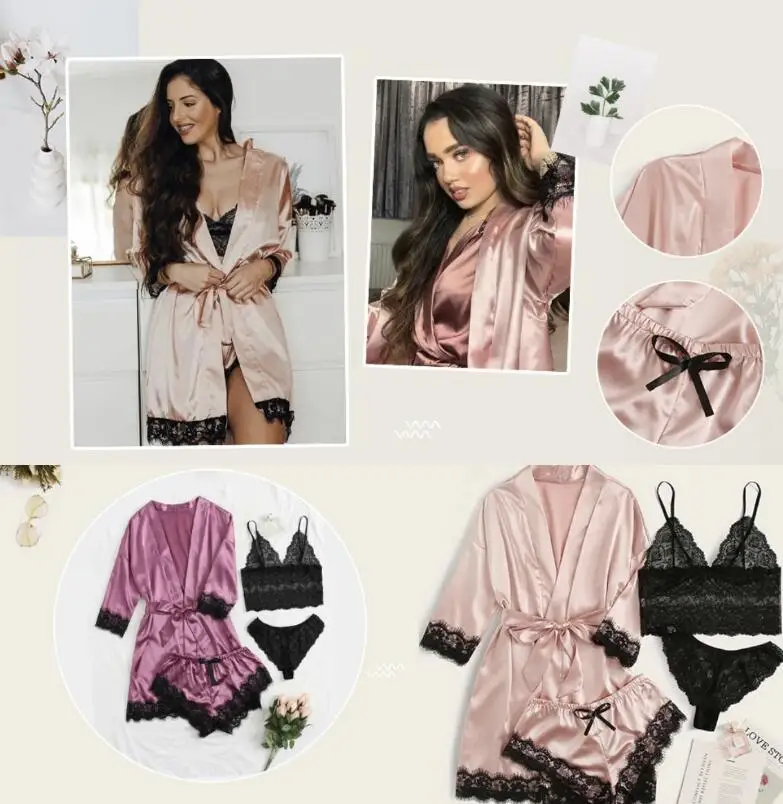 Woman Sleepwear 4pcs Floral Lace Trim Satin Pajamas Set with Robe Sexy Faux Silk Pijamas Robe Sets Casual Home Clothes Nightwear