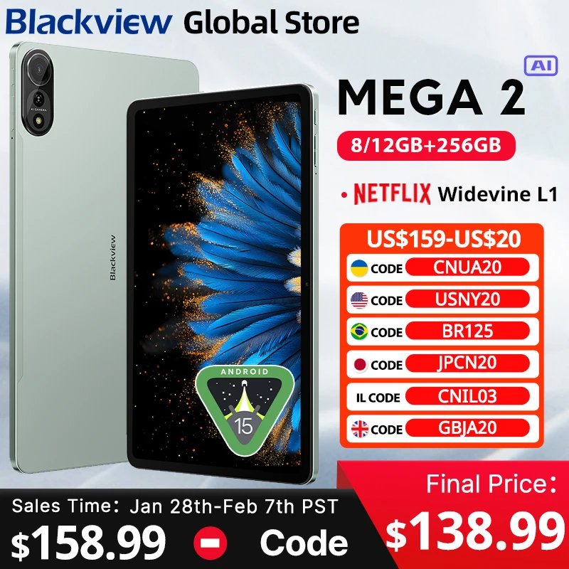 Blackview MEGA 2 태블릿 12인치 2K 디스플레이 Widevine L1 안드로이드 15 24GB(8+16) 256GB 9000mAh 배터리 AI 메인 카메라 패드 PC