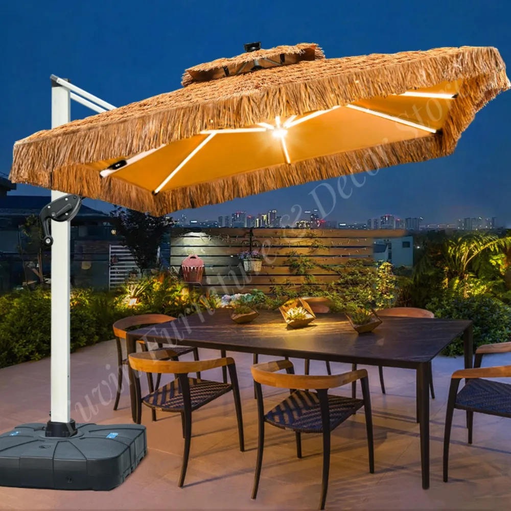Outdoor Roman Thatch Sunshade Umbrella  Foldable Light Strip for Gym Hotel Dining Beach Courtyard Garden Parasol Various