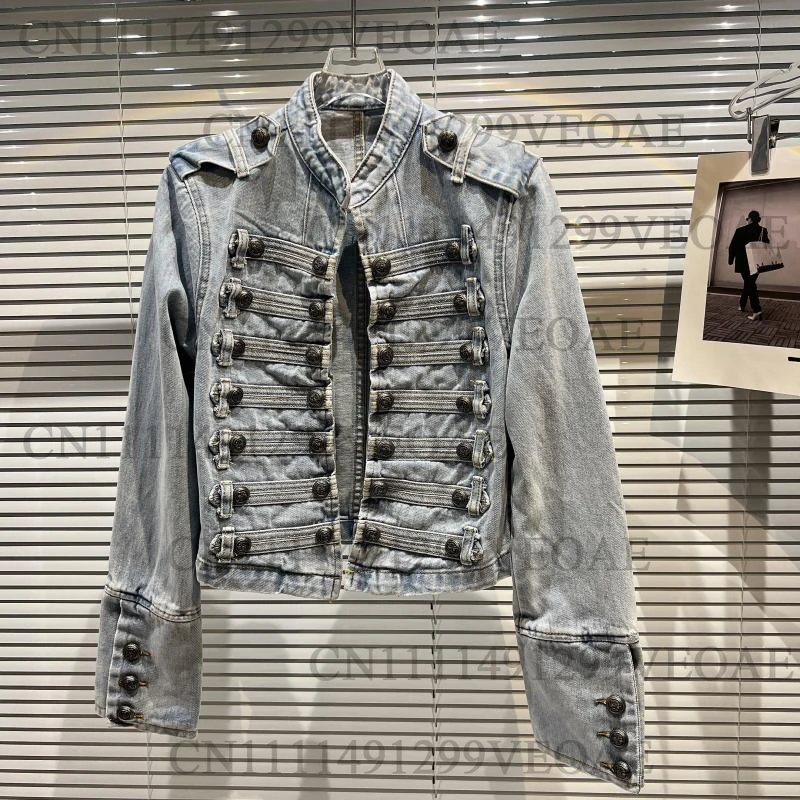 

Slimming Punk Style Motorcycle Jacket Women's Long Sleeve Stand Collar Denim Jacket Top Ladies Fashion Short Outerwear