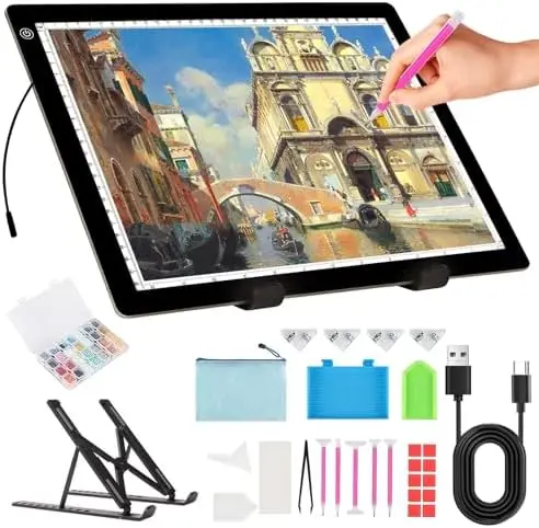 Boîte à lumière A4 pour la peinture au diamant - Tablette de traçage LED mince avec support, 3 niveaux de luminosité
