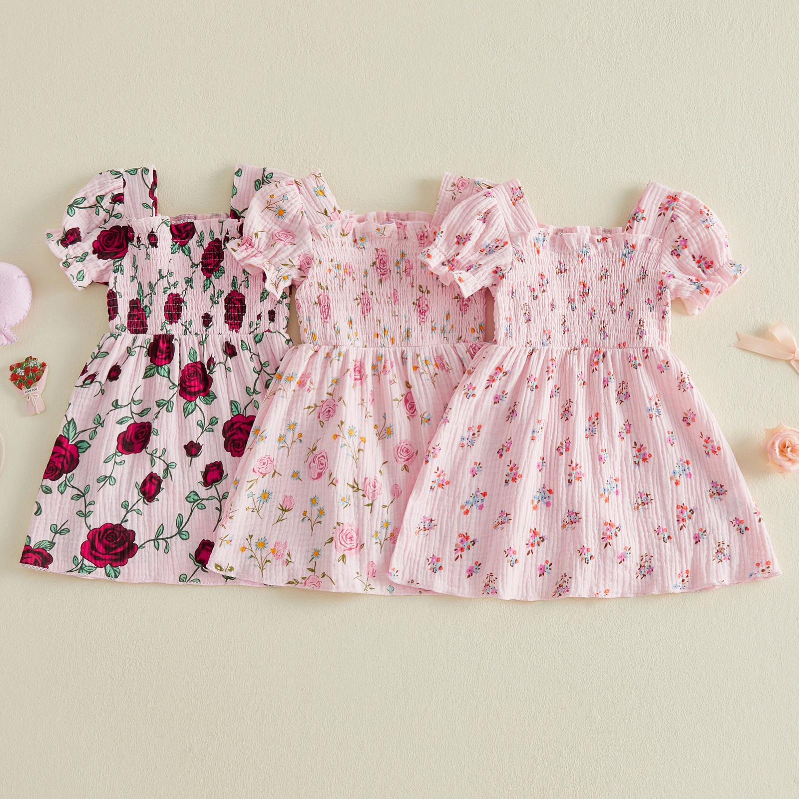 1-5Y Kids Girls Floral Princess Dress Sweet Short Sleeve Square Neck Pleated A-line Party Dress Summer Kids Girls Clothes