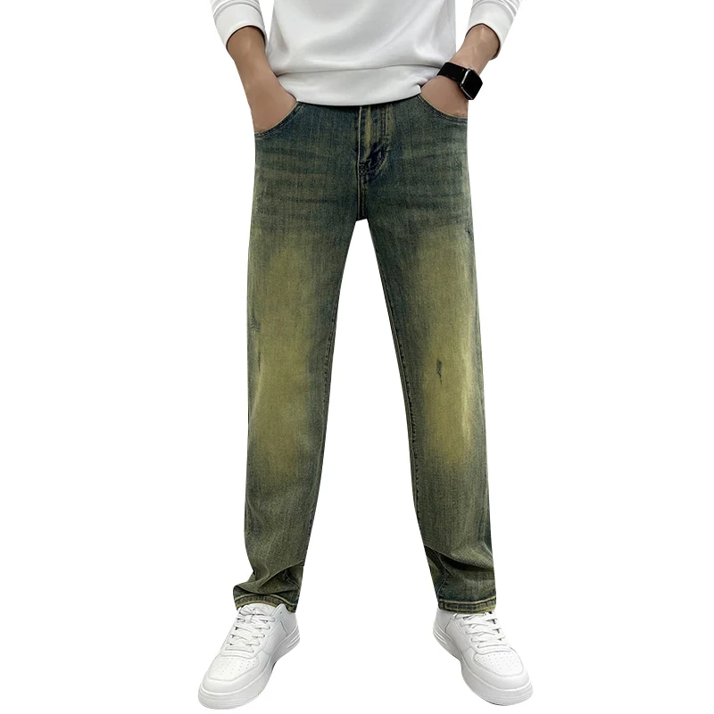 Loose Straight Jeans Men's Retro Distressed Street Trend Casual Nostalgic High-End Casual All-Match Yellow Mud Color Pants