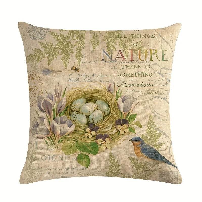 Natural Garden Linen Pillowcase Bird's Nest, Flower Honeycomb Cushion Cover, Suitable for Living Room Bedroom,Single-sided