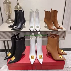 Solid Color Pointed Toe Stiletto Heel Studded Ankle Boots Side Zipper Large Size Women's Calf Boots