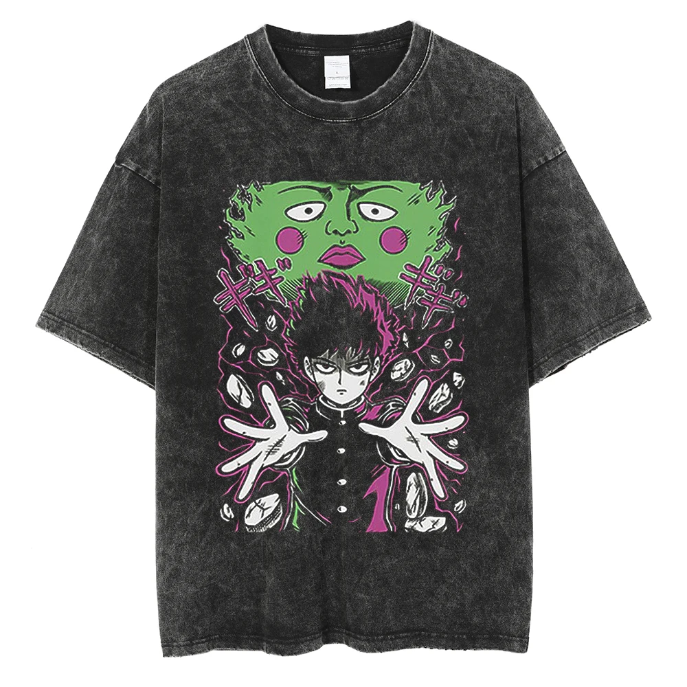 

2026 summer Mob Psycho 100 Shigeo & Dimple Washed Anime T-shirt Harajuku Streetwear Oversized Short Sleeve Tee