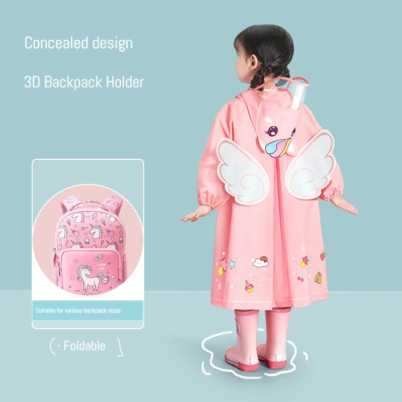 Cute Kids Raincoat Wateproof Children Dinosaur Unicorn Rain Poncho Rain Coat Jacket with Backpack Position Student RainWear