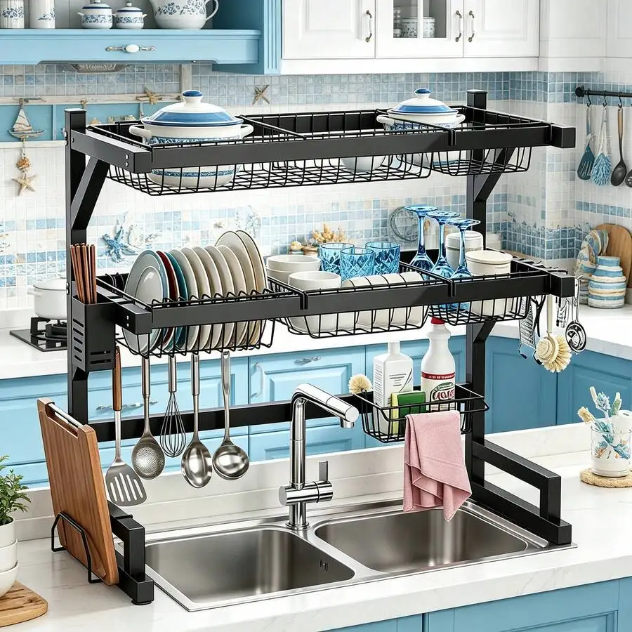 2-Tier Kitchen Over Sink Dish Rack, Heavy Duty Dish Storage Shelf With Multi Baskets And Hooks For Small Apartment Kitchen Count