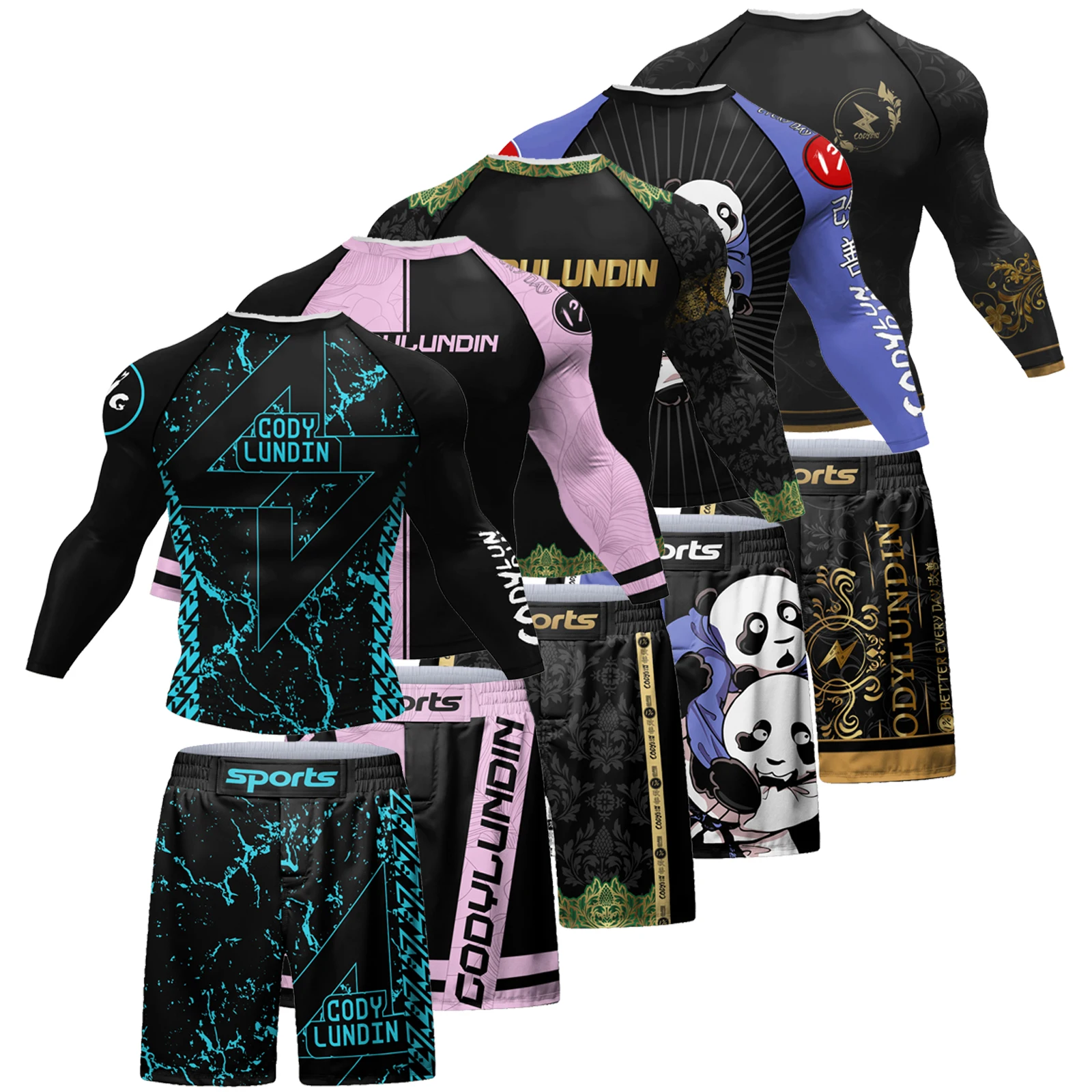 Chie Lundin-Conjunto de camiseta de compresión y pantalones cortos para hombre, de 2 piezas traje deportivo, color rosa, No Gi Bjj Rash Guard, Baselayer MMA