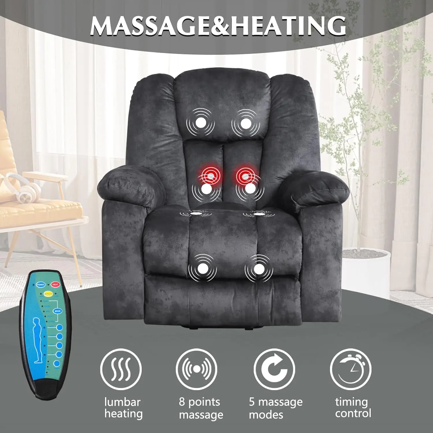 Cadeira reclinável grande Power Lift com massagem, calor e USB para idosos, poltronas reclináveis largas estofadas, serviço pesado e segurança