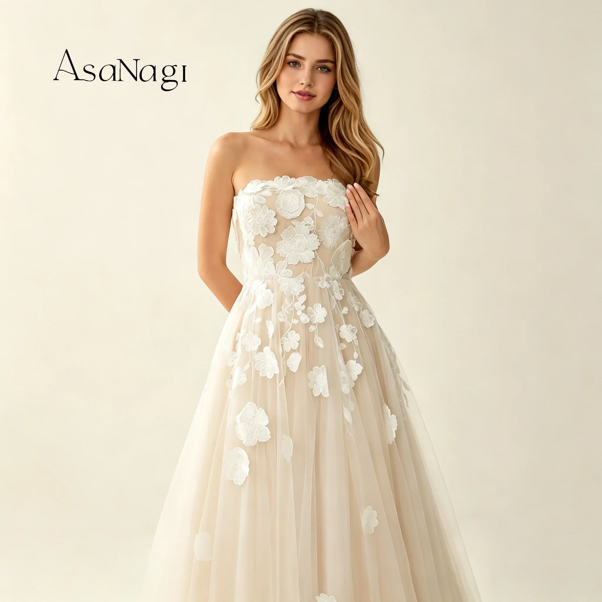 

Elegant Ivory Strapless Sleeveless A Line Floor Length Formal Gown with Floral Lace Embroidery