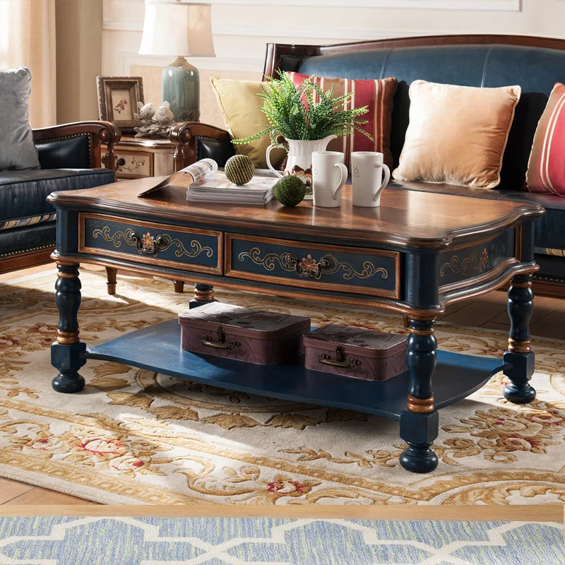 أثاث غرفة المعيشة طاولة قهوة من الخشب الصلب بطول 1.2 متر ودرج على الوجهين وطاولة قهوة زرقاء مطلية يدويًا