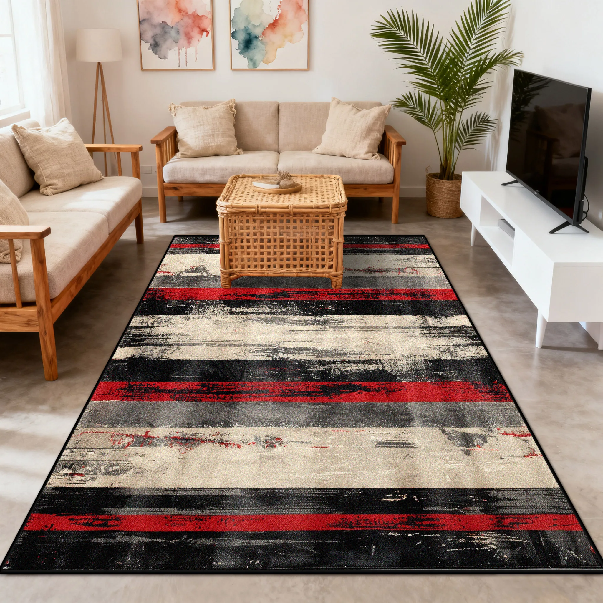 Modern Abstraction Red Plush Living Room Rug Decoration Bedroom Bedside Non-slip Carpet Large Area Easy Cleaning Soft Floor Mats