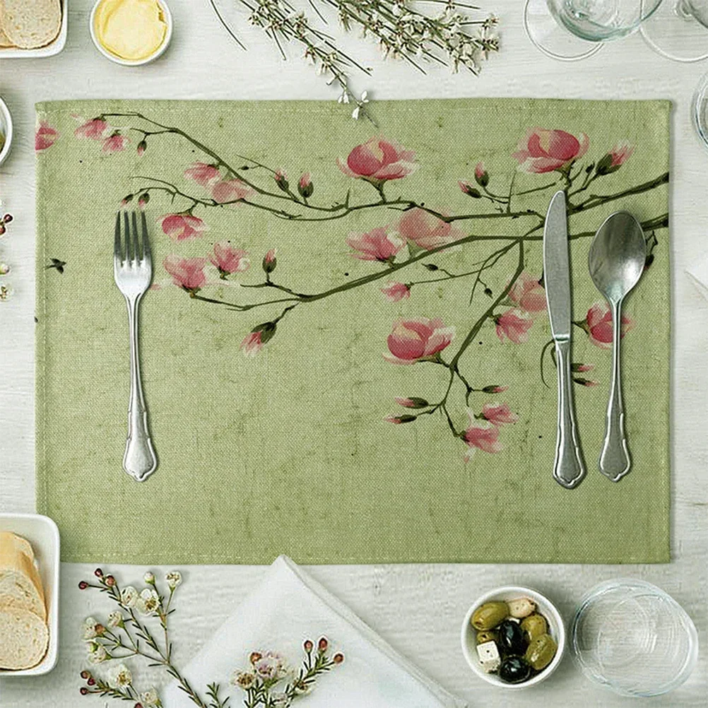 1-Piece Floral Print Linen Placemat, Heat-Resistant & Non-Slip, Home Dining Table Placemat