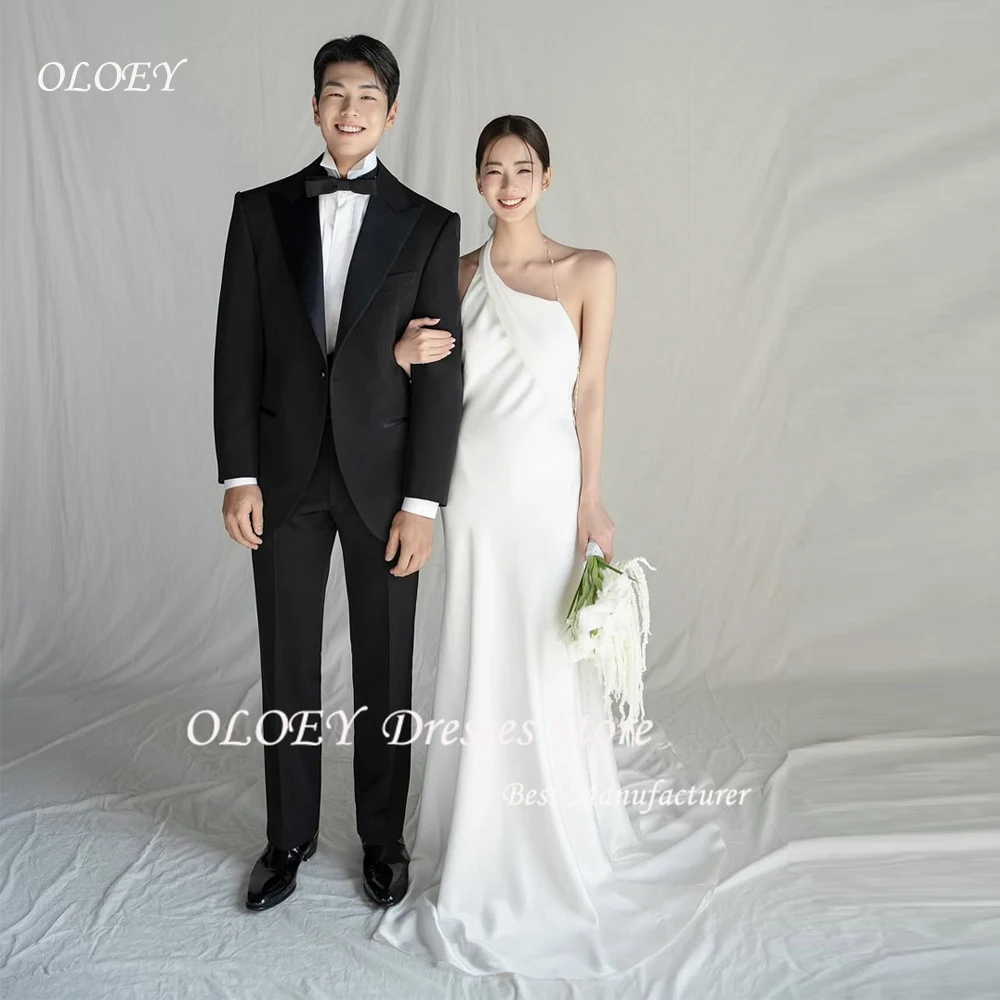 OLOEY Simple Korea Wedding Dress Photo Shoot Floor-Length Pleat Wedding Party Dress One-Shoulder A-line 웨딩드레스 Customized