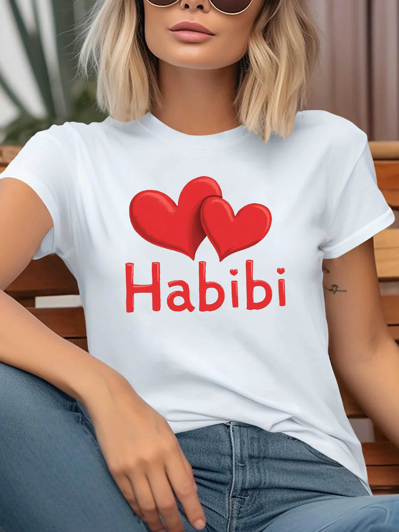 

Women'S Casual Sleeve Heart Print Cartoon Style Crew Neck Comfortable Everyday Wear Ideal for Daily Outings and Holiday Gifts