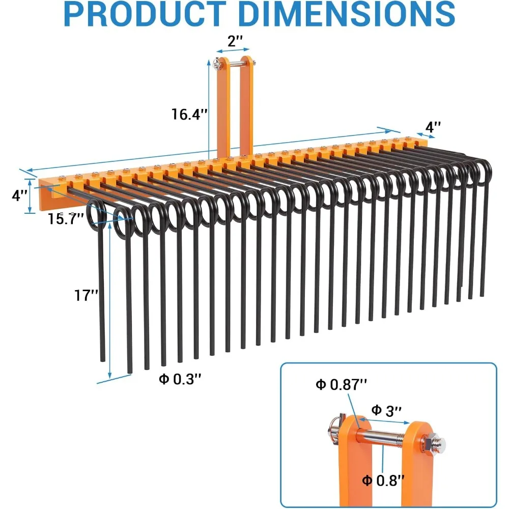 مشط عشب الصنوبر الصلب المطلي بمسحوق متين، مشط منظر طبيعي زنبركي فولاذي يعلق على Cat 0 Cat 1، وصلة 3 نقاط للجرار