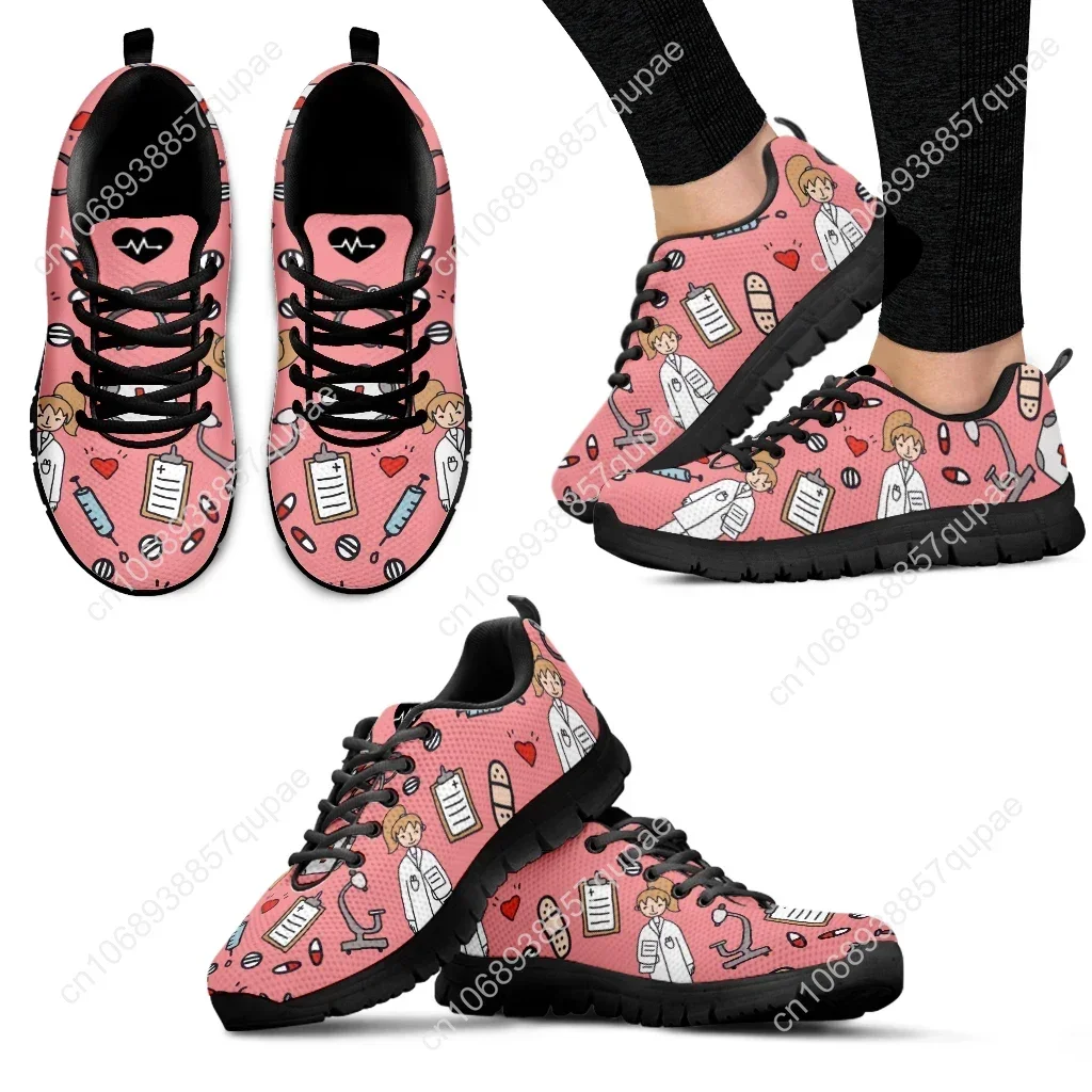 Pink Blue White Nurse Doctor Pattern Woman Flats Lace Up Shoe Sneakers Breahtable Spring/Autumn Shoes 2024