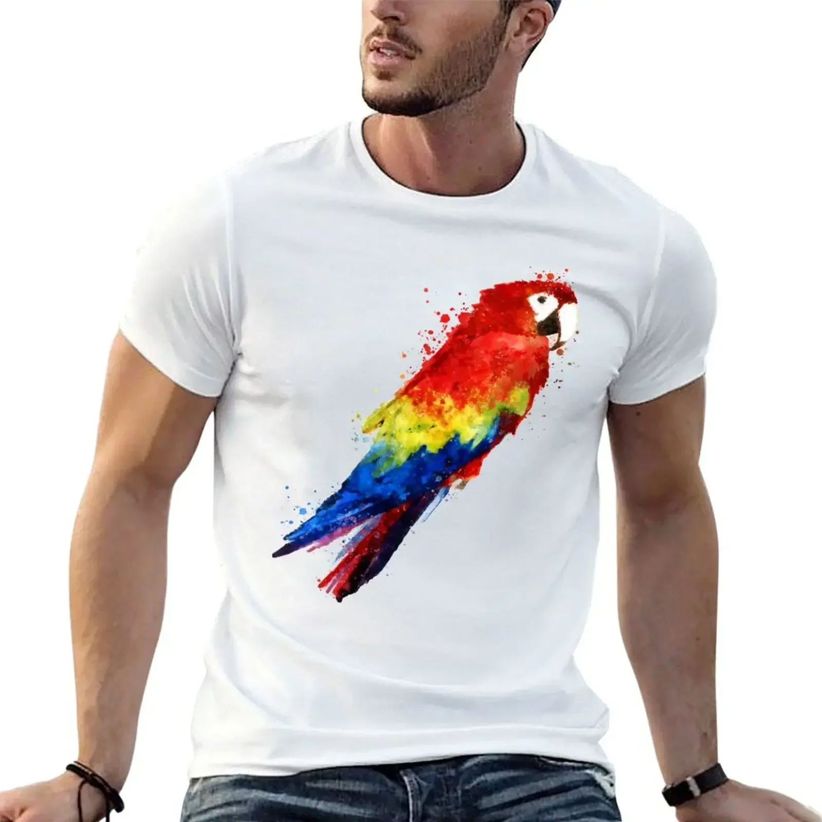 Dramabite Watercolour scarlet macaw parrot T-Shirt designer shirts kawaii clothes shirts graphic tees plus size men clothing