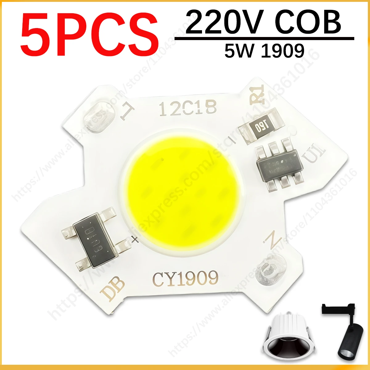 

5pc 1909 19mm 220V LED downlight source Chip 5W COB Bead Warm white 6000K aluminum PCB plate COB diy indoor bulb spotlight