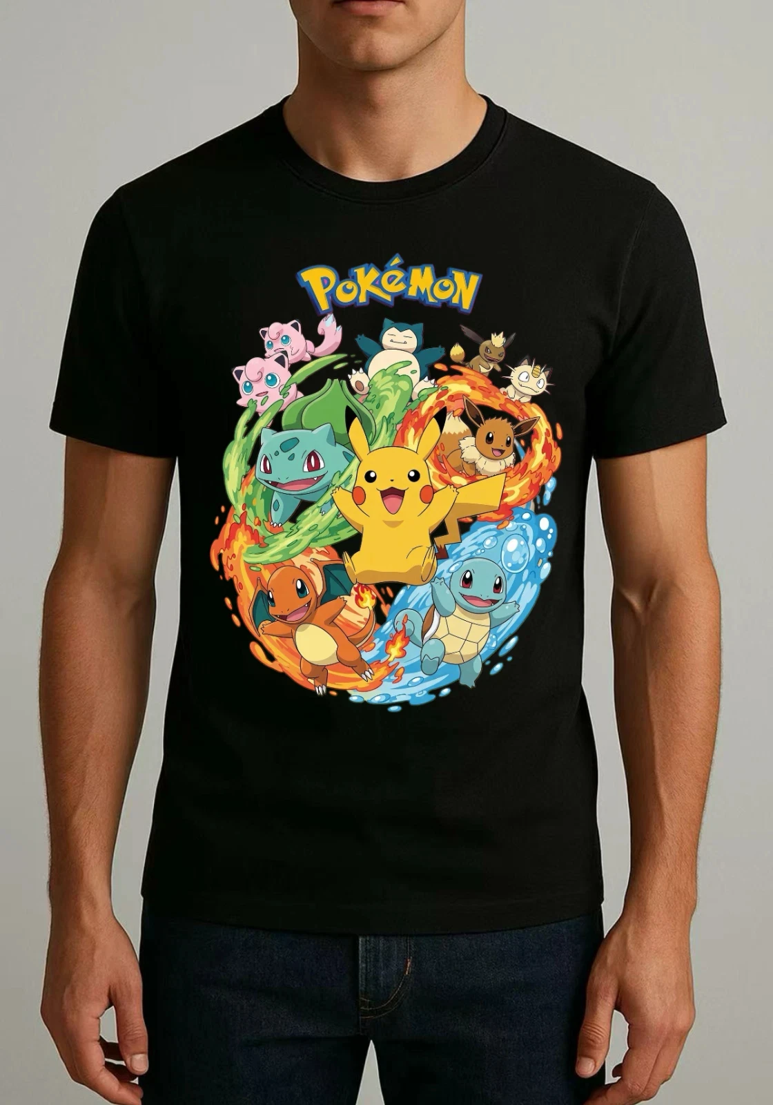 T-shirt à manches courtes décontracté et tendance 2026 avec imprimé Pokémon Spirit, coupe ample, pour adultes, enfants et tenues de famille