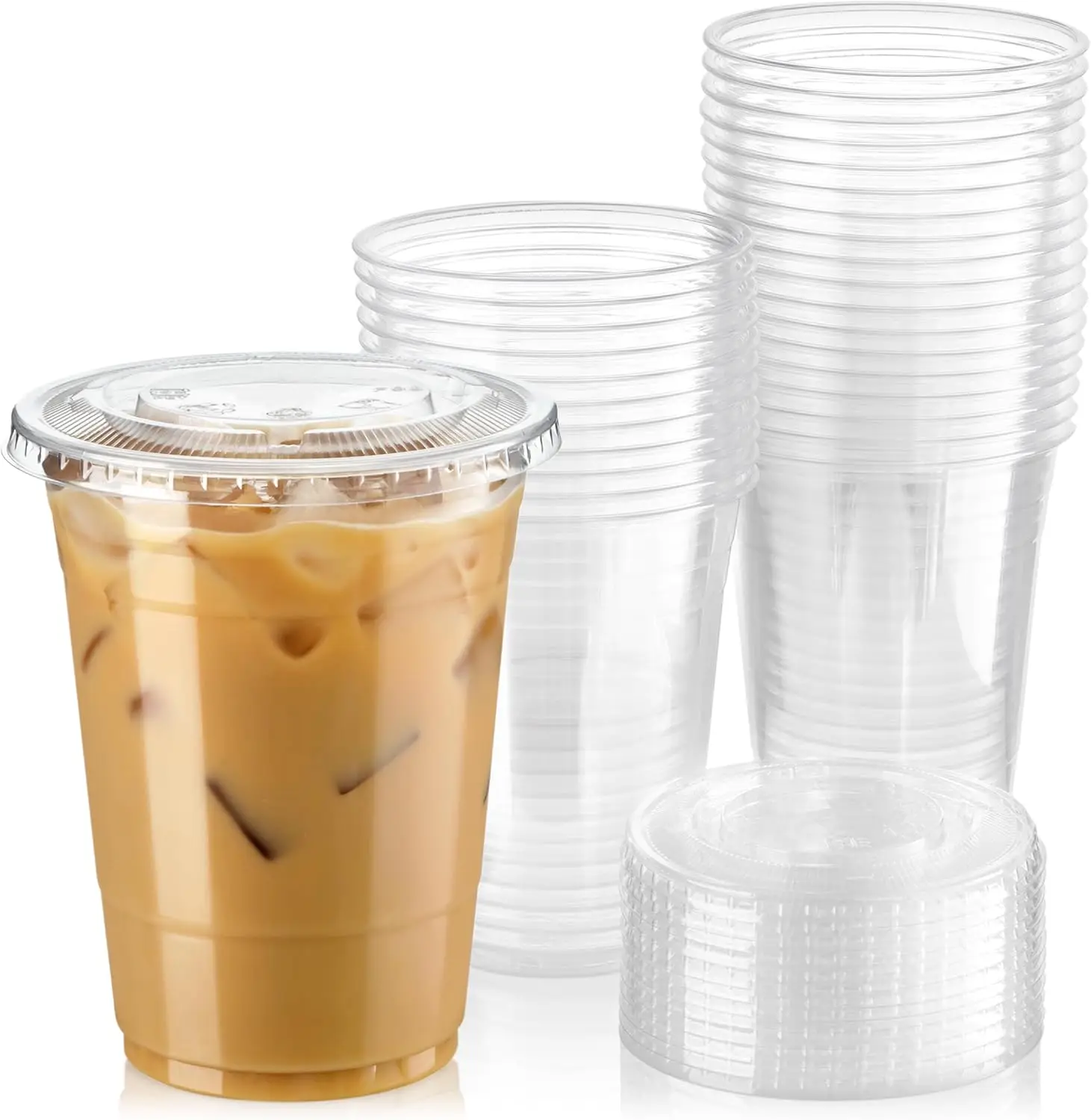 

50 Clear Plastic Cups with Flat Lids Disposable Iced Coffee Cups BPA Free Premium Crystal Smoothie Cup for Party Lemonade Stand,