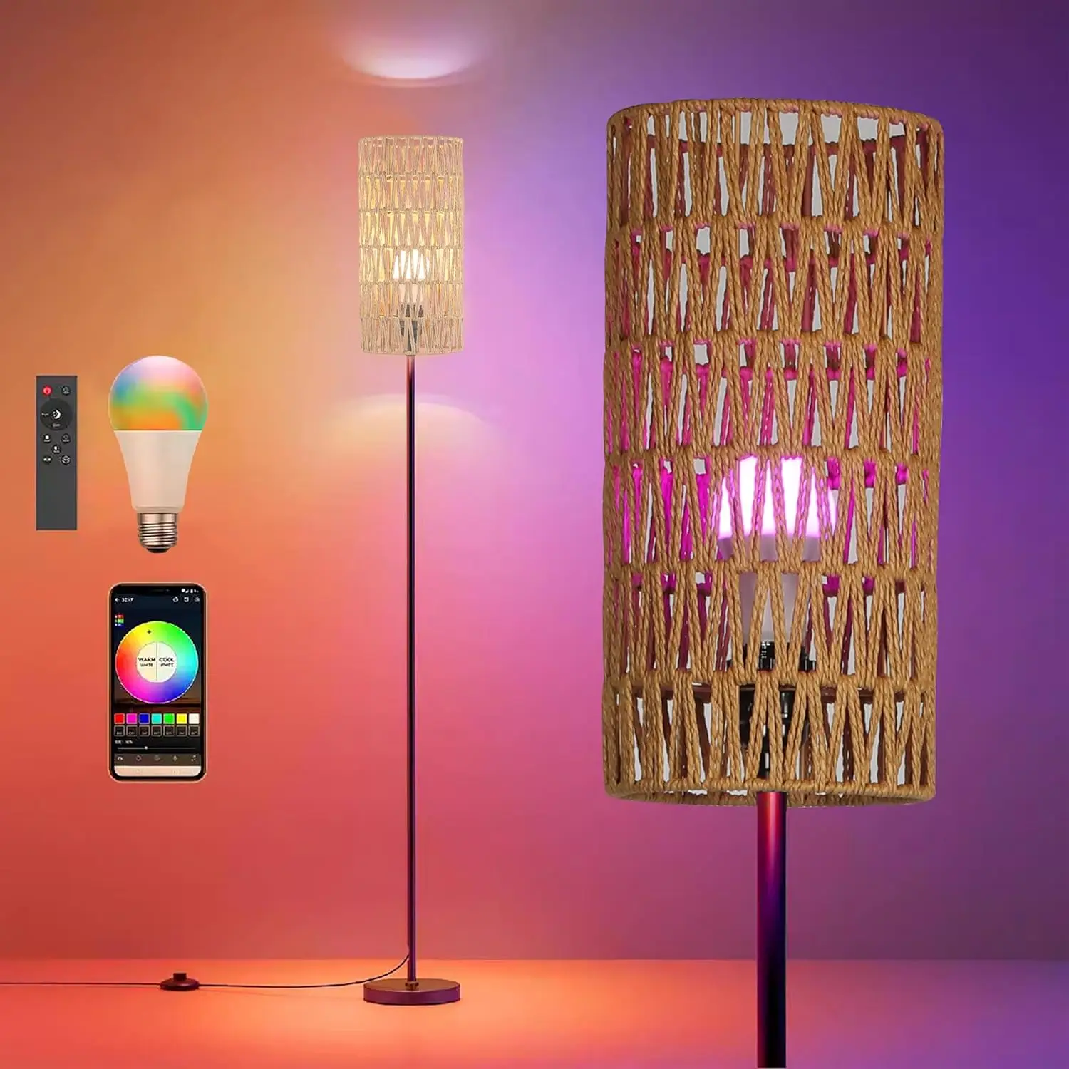 

Торшер из ротанга в фермерском доме, современный торшер с ручным абажуром и лампочкой с дистанционным управлением RGB