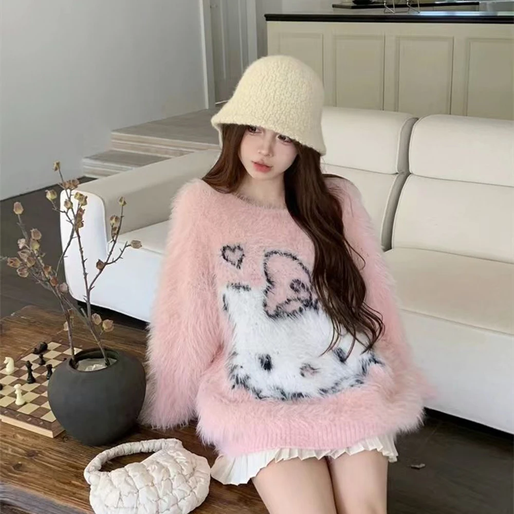 Knitted Sweater Hello Kitty Women Sweater Sanrioed Anime Kawaii Spring Autumn Cartoon Student Loose Round Neck Casual Cute Tops