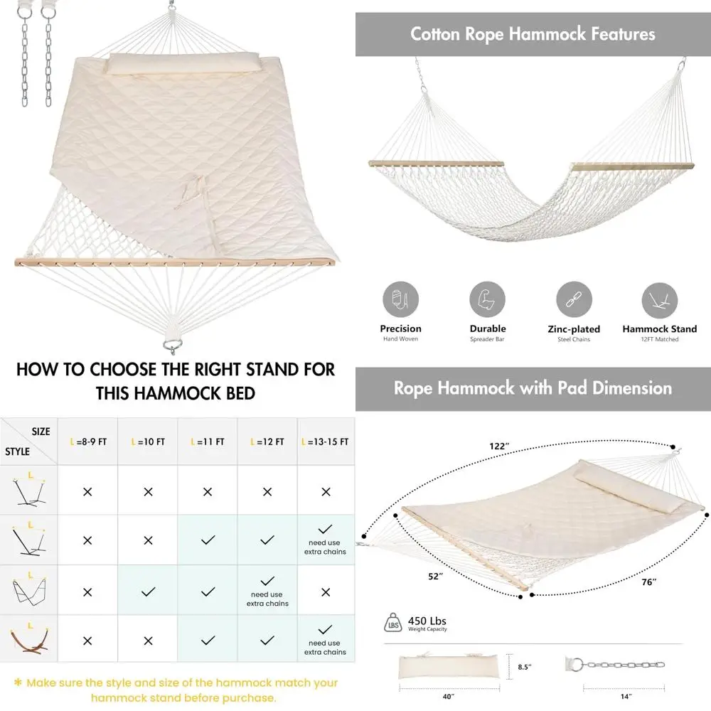 

Сверхмощный уличный гамак с подушечкой, вместимость 450 фунтов, кремовый цвет, разбрасыватели в комплекте, идеально подходит для релаксации и комфорта