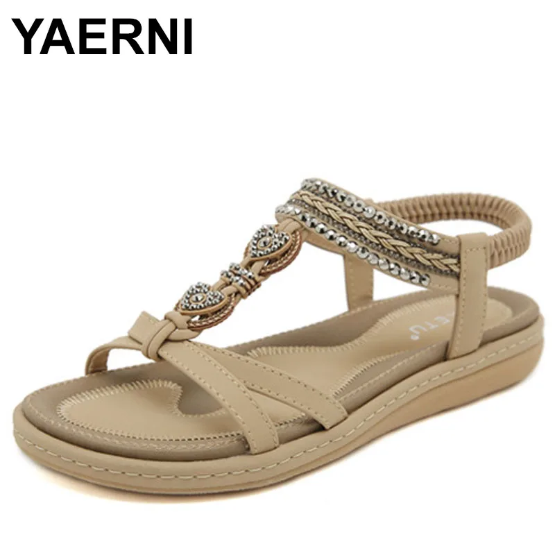 

Женские сандалии в богемном стиле, обувь на плоской подошве с эластичной лентой, летние пляжные сандалии, дизайнерские удобные шлепанцы