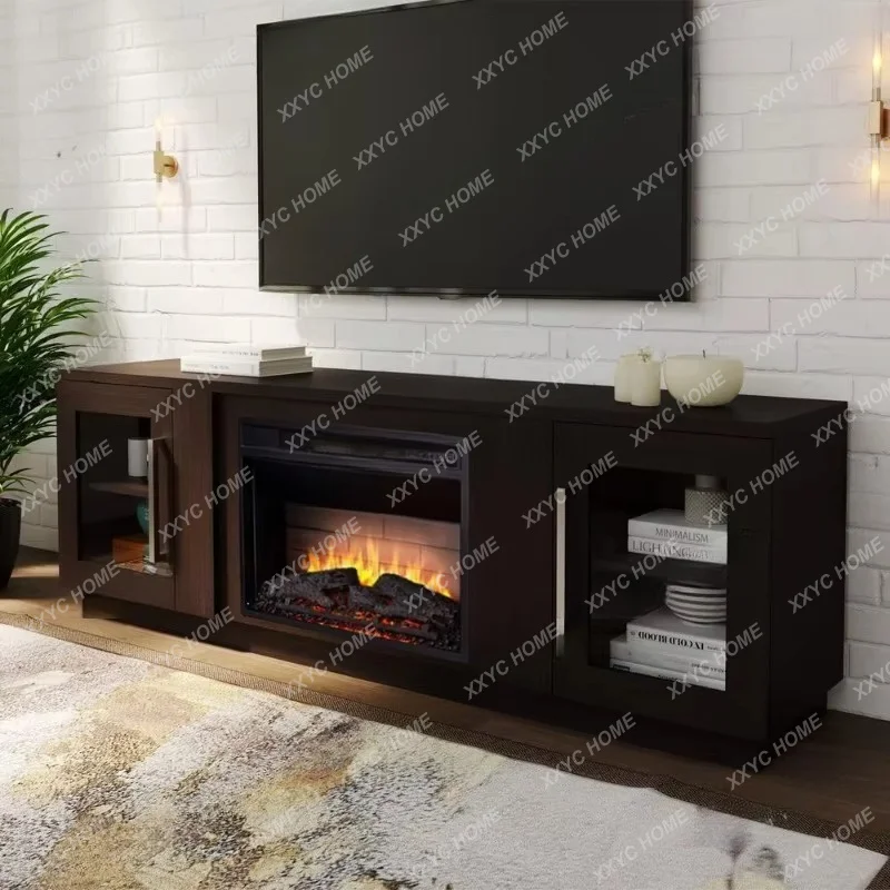 XX Wooden TV Stand with Media Center, Storage Shelves, and Barn Door, Electric Fireplace with Remote