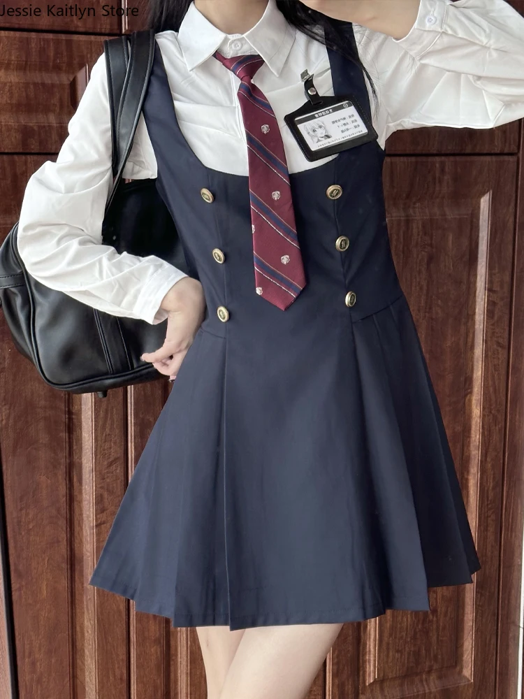 Japanese Kawaii School Uniform Women Korean Fashion College Student JK Uniform Autumn Long Sleeve Shirt and Strap Dress Sets New