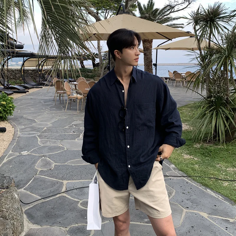 

Summer Korean Men's White Navy Solid Color Loose Simple Basic Casual Daily Turn-down Collar Long Sleeve Shirt Coats Male Clothes