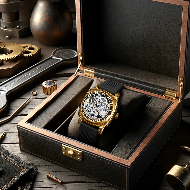 

Нишевые мужские джинсовые часы в джинсовом стиле с золотым орлом, белым циферблатом, черным ремешком и механическим механизмом.