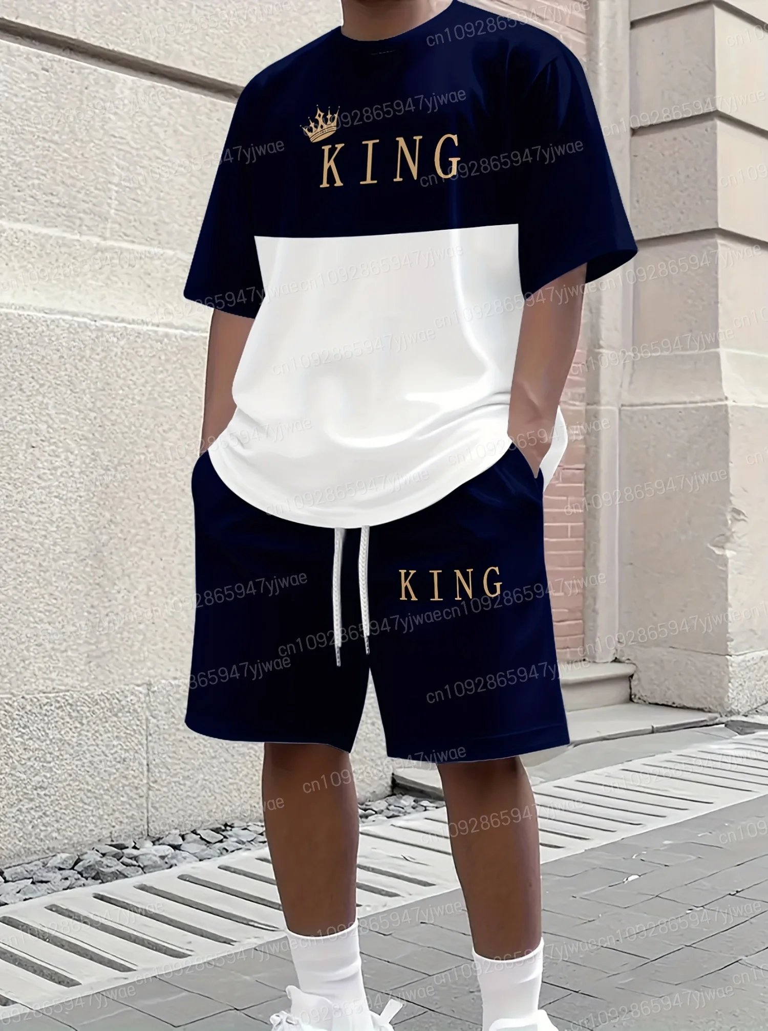 Summer Men Color Block Letters Print Men's 2 Pieces Set Sportswear Fitness Set Men's Tracksuit 2 Pieces Set Oversize Clothes