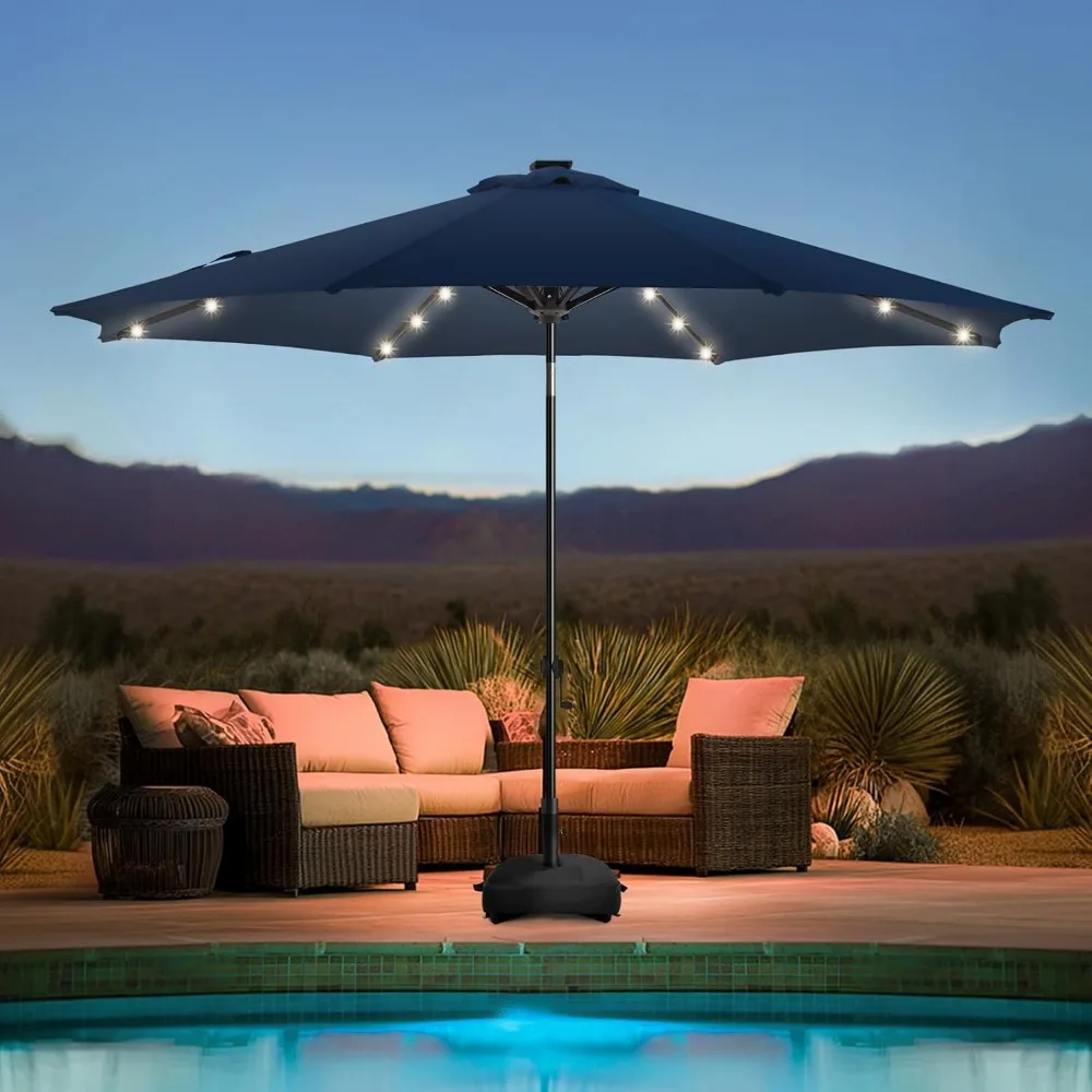 

11FT Solar Led Patio Umbrella with Base, Sturdy Outdoor Market Umbrella for Deck, Pool, Garden w/Tilt, Crank, 32 LED Lights, Na