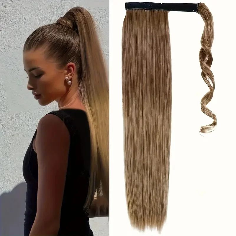 

24inch Long Straight Hair Ponytail Extensions Wrap Around Wig Piece High Temperature Fiber Synthetic Hairpieces for Women