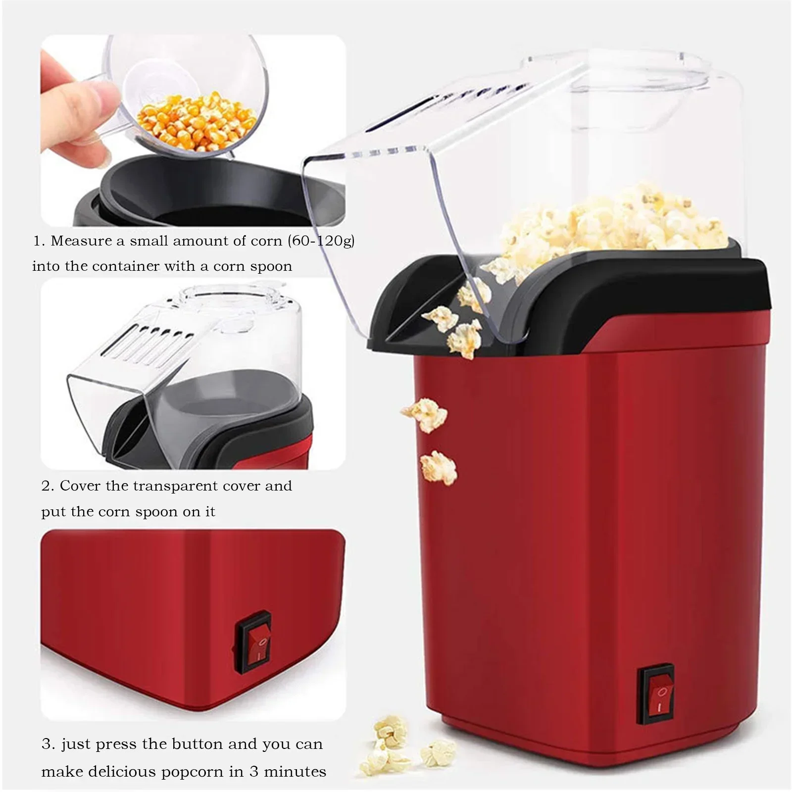 Hot Air Fast Popcorn Maker Electric Airpop Popcorn Popper Fully Automatic Popcorn Machine Large with Measuring Spoon for Home