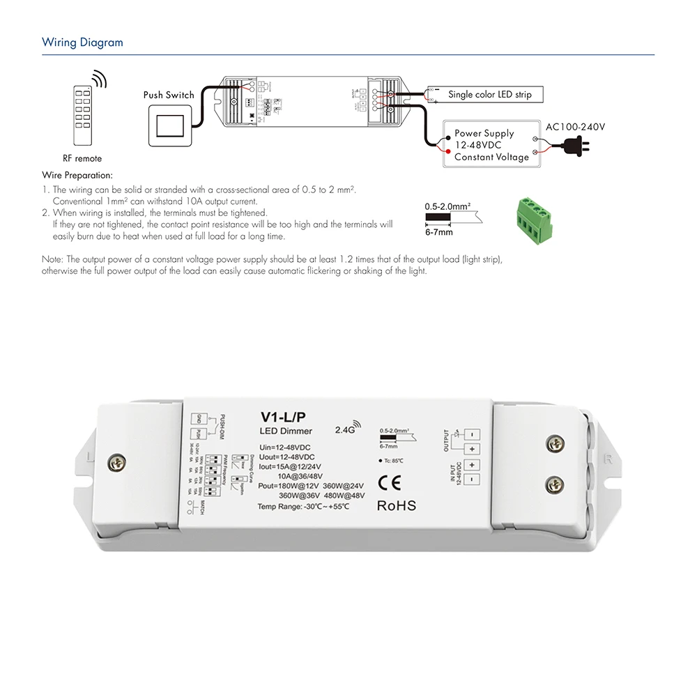 Skydance V1-L/P DC12-48V 2.4 جيجا هرتزRF + دفع خافت للإرسال التلقائي/المتزامن 0-100% يعتم تحكم لشريط LED أحادي اللون