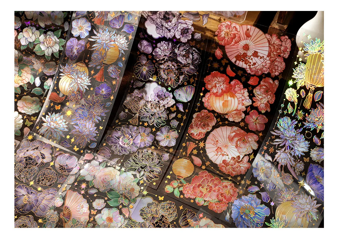 3 Sheets/pack Sky Light Flower Shadow Series 3D Color Hot Gilding PET Stickers China Retro Plants Scrapbook Decorations