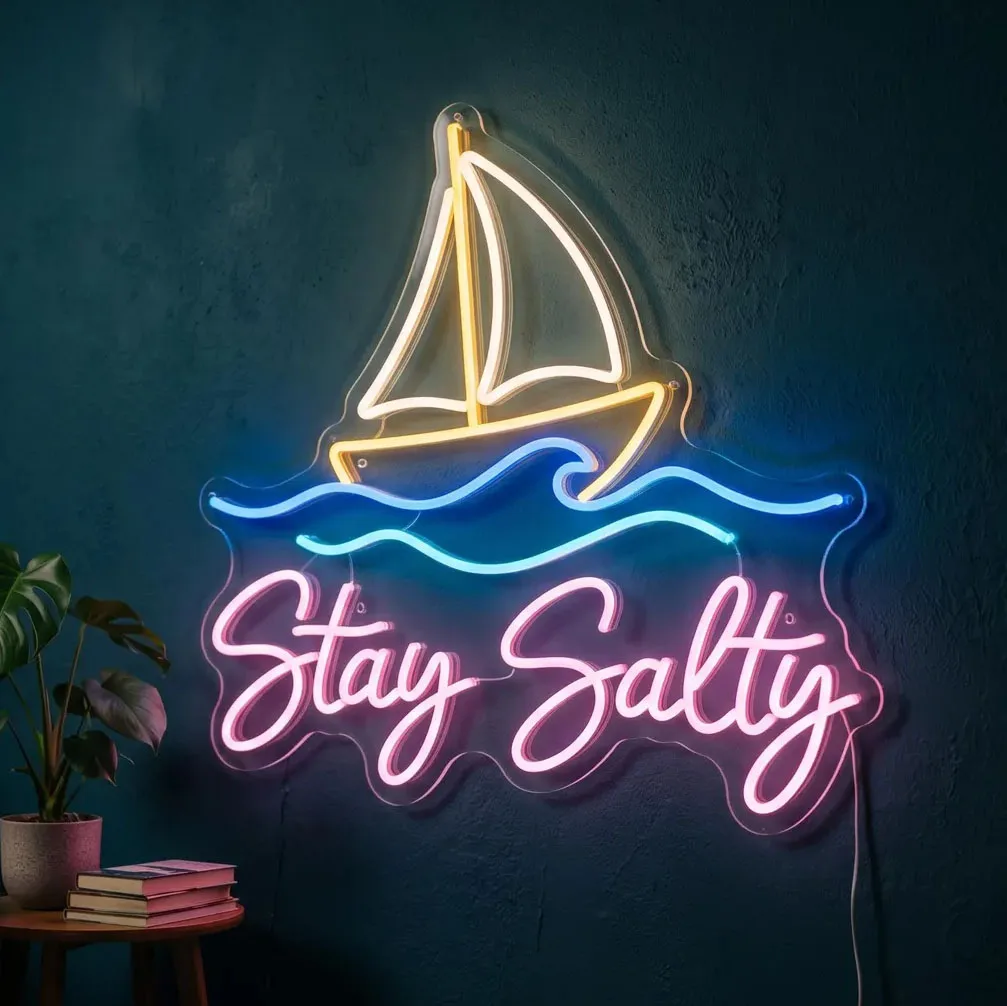 Stay Salty Neon Sign,Sailing Ship Neon Sign,Ocean Wave Neon Sign,Nautical Boat Neon Sign,Bedroom/Gaming Room Decor,Home Wall Art