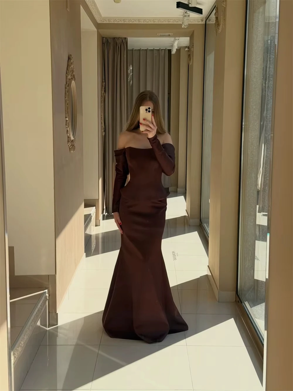 Remote Moon Elegant Off Shoulder Long Sleeve Evening Dress Satin Two Piece Mermaid Arabic Wedding Guest Prom Gown MN662 Custom