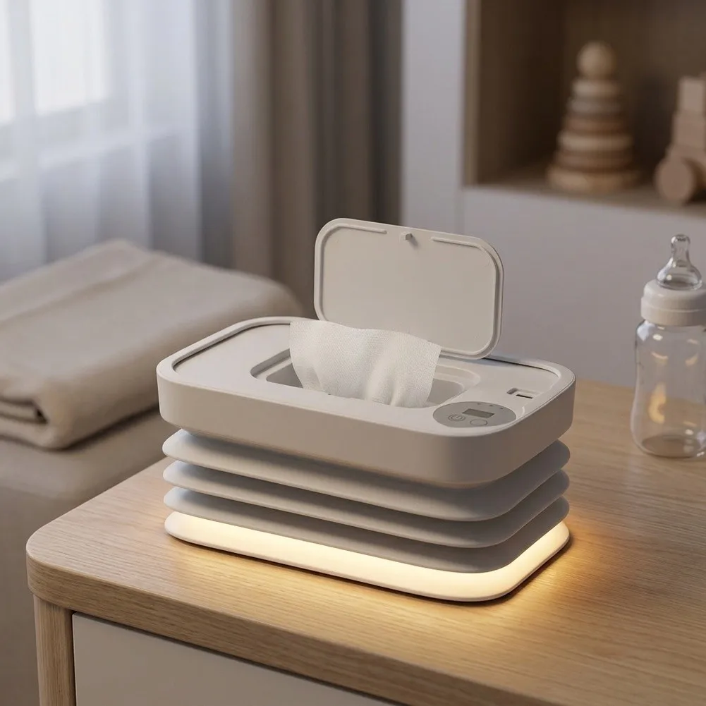 Baby Wipe Warmer Portable USB Powered with 3-Level for temp Control Night Light LCD Screen and Compact Fold Design