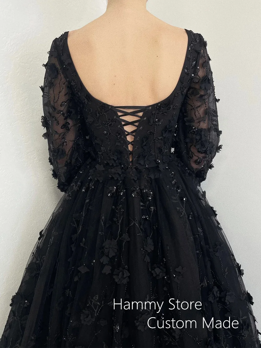 Luxus schwarze Blume Spitze Hochzeits kleid Puff Ärmel V-Ausschnitt zurück Schnürung Korsett Brautkleid Gothic Braut Kleider benutzer definierte Größe