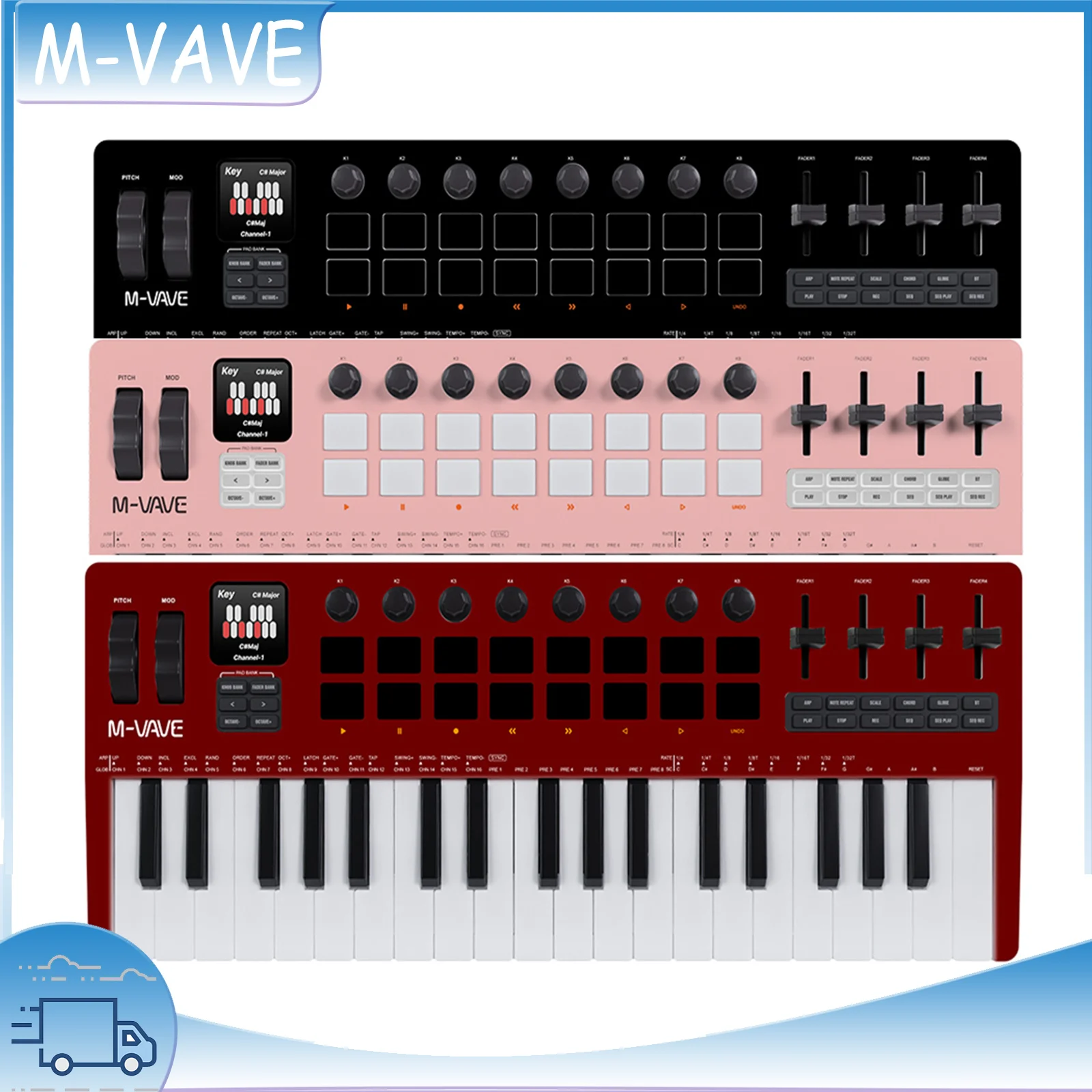 

M-VAVE SMK-37 Pro MIDI-клавиатура, новый цвет, беспроводная универсальная синтетическая рабочая станция, 37 чувствительных клавиш, 16 барабанных колодок, аппаратное управление