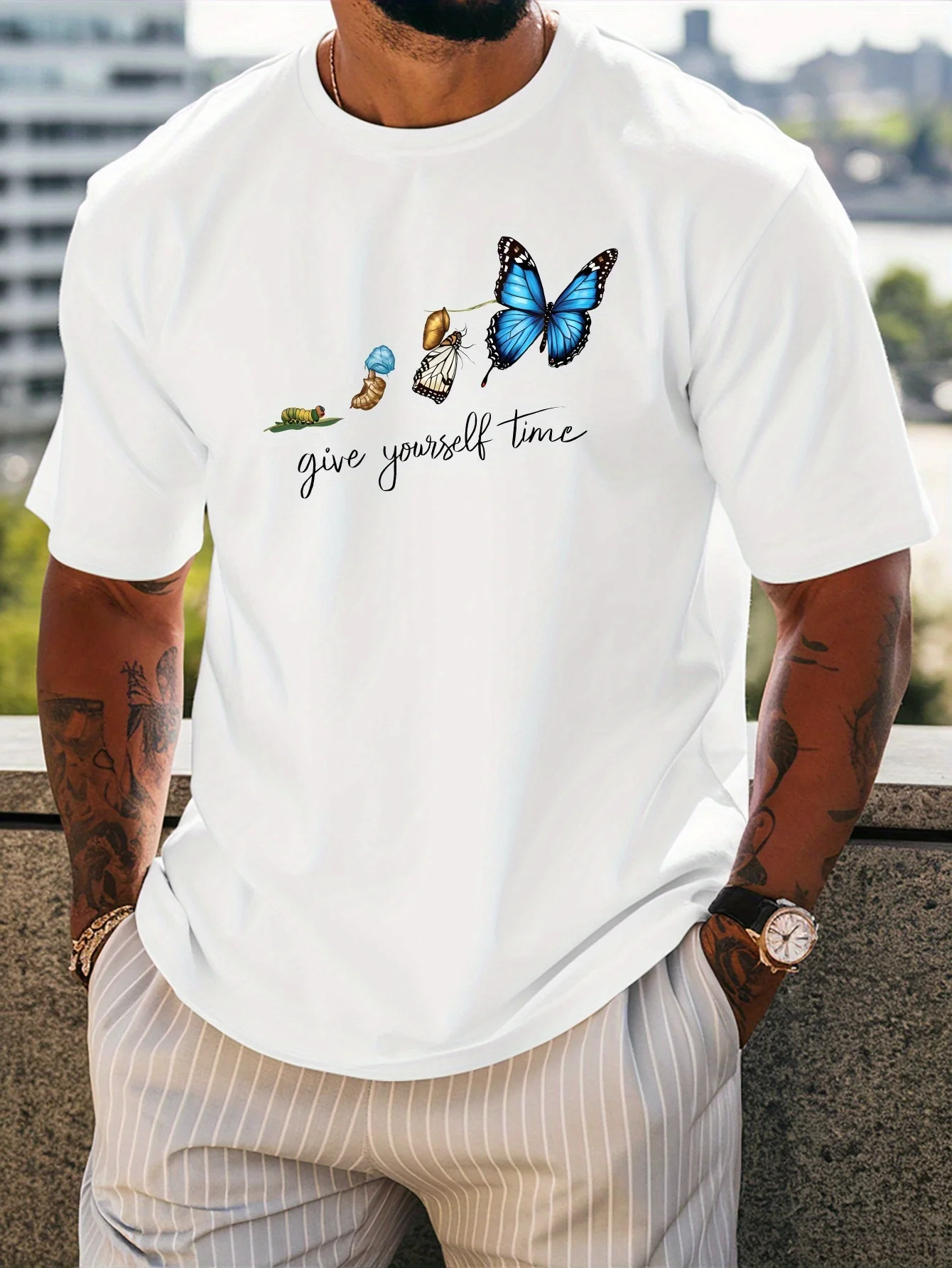 Butterfly Life Cycle Graphic Mens Crew Neck Cotton T Shirt Give Yourself Time Inspirational Print Short Sleeve Casual Daily Top