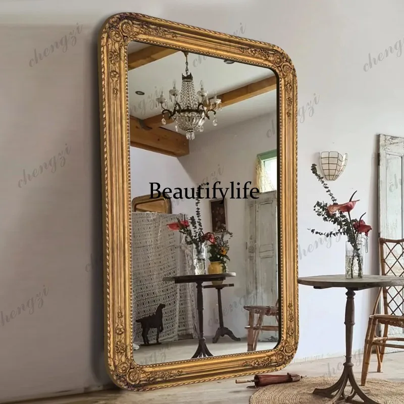 European and American medieval, French retro carved full-body mirror, floor-to-ceiling, old fireplace decorative mirror