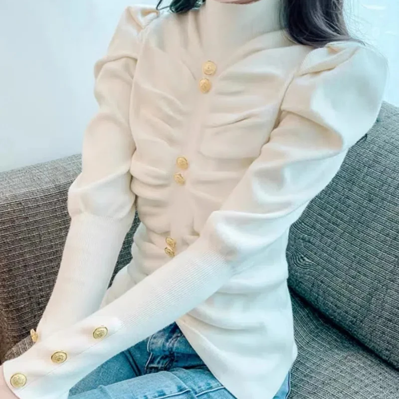 Small Fragrance New Pleated Buttons Design Pullover Autumn Winter High Collar Long Sleeve Slim Tops Sweet Fashion Women Clothing