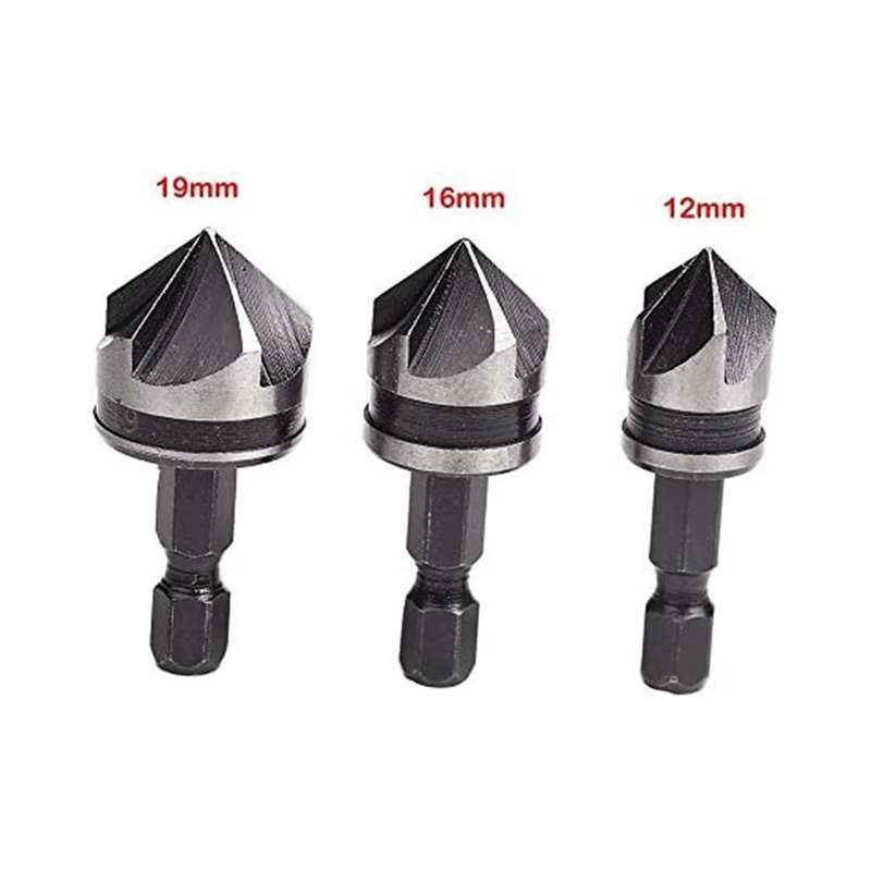 3 PCS 1/4Inch Hex 12/16/19Mm Countersink Bore Set For Wood Metal Quick Change Bit Durable Easy To Use